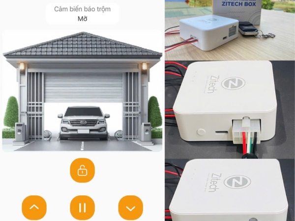 Bộ điều khiển cửa cuốn qua điện thoại Zitech: hộp nhận màu trắng có dây đấu nối, tay remote và màn hình ứng dụng với nút mở khóa, lên, dừng, xuống