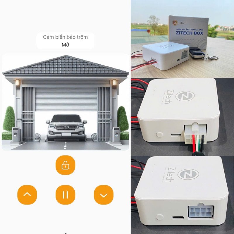 Hộp nhận Zitech Box màu trắng có dây đấu nối, tay remote và màn hình ứng dụng với nút mở khóa, lên, dừng, xuống