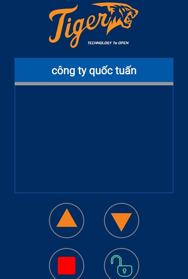 Ứng dụng Tiger trên điện thoại điều khiển cửa đặt tên công ty quốc tuấn, có nút lên, xuống, dừng và mở khóa