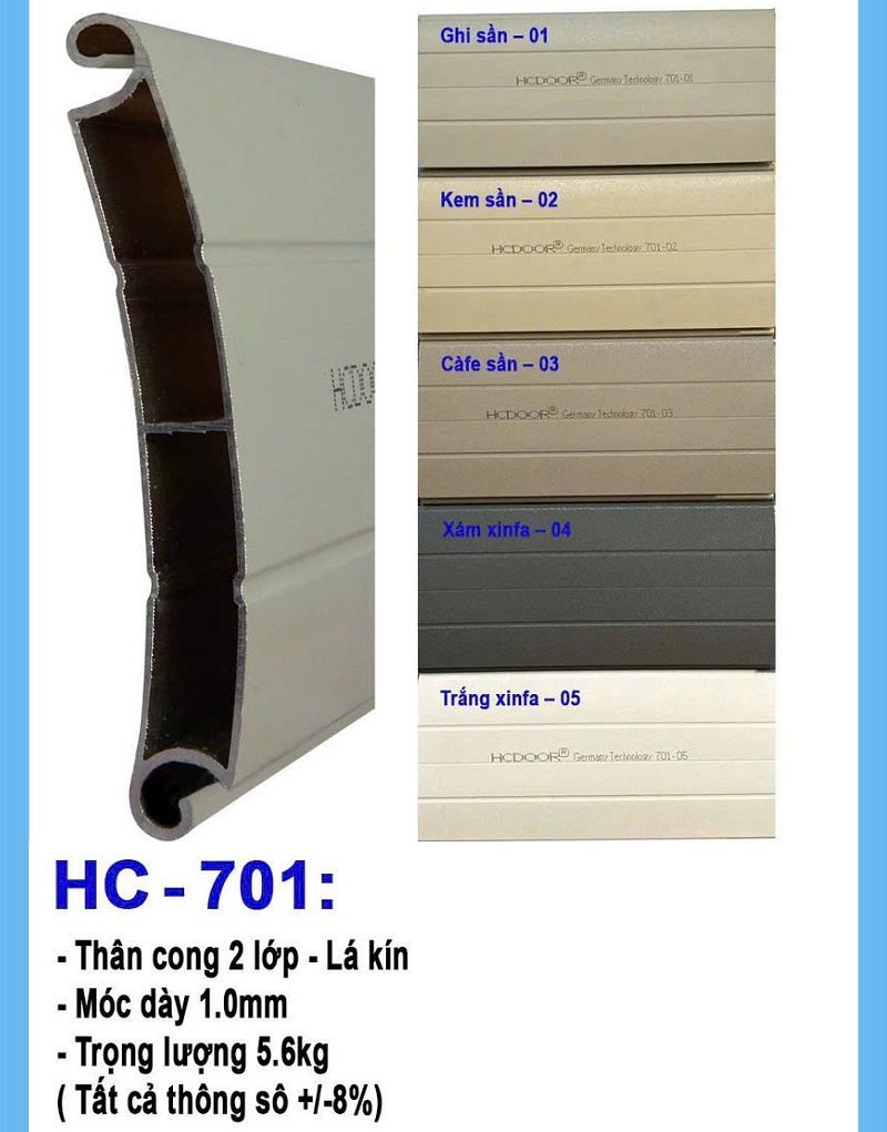Mặt cắt lá nhôm cửa cuốn Hcdoor HC701 thân cong, lá kín, ghi móc dày 1,0mm và trọng lượng 5,6kg, bên cạnh là các ô màu mẫu