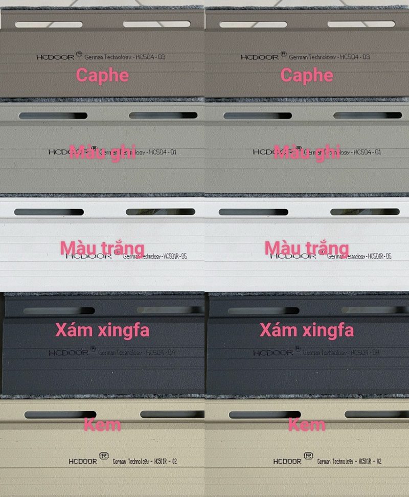 Mẫu lá nhôm Hcdoor HC504 và HC501R ở 5 màu cà phê, ghi, trắng, xám xingfa và kem
